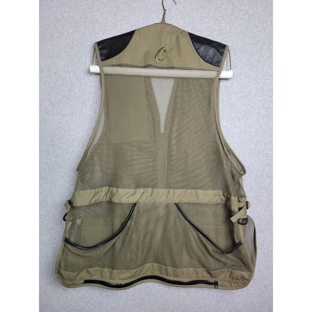 Cabelas Mens 2XL Shooting Vest‎ Olive Canvas & Leather Recoil Pad Mesh Back